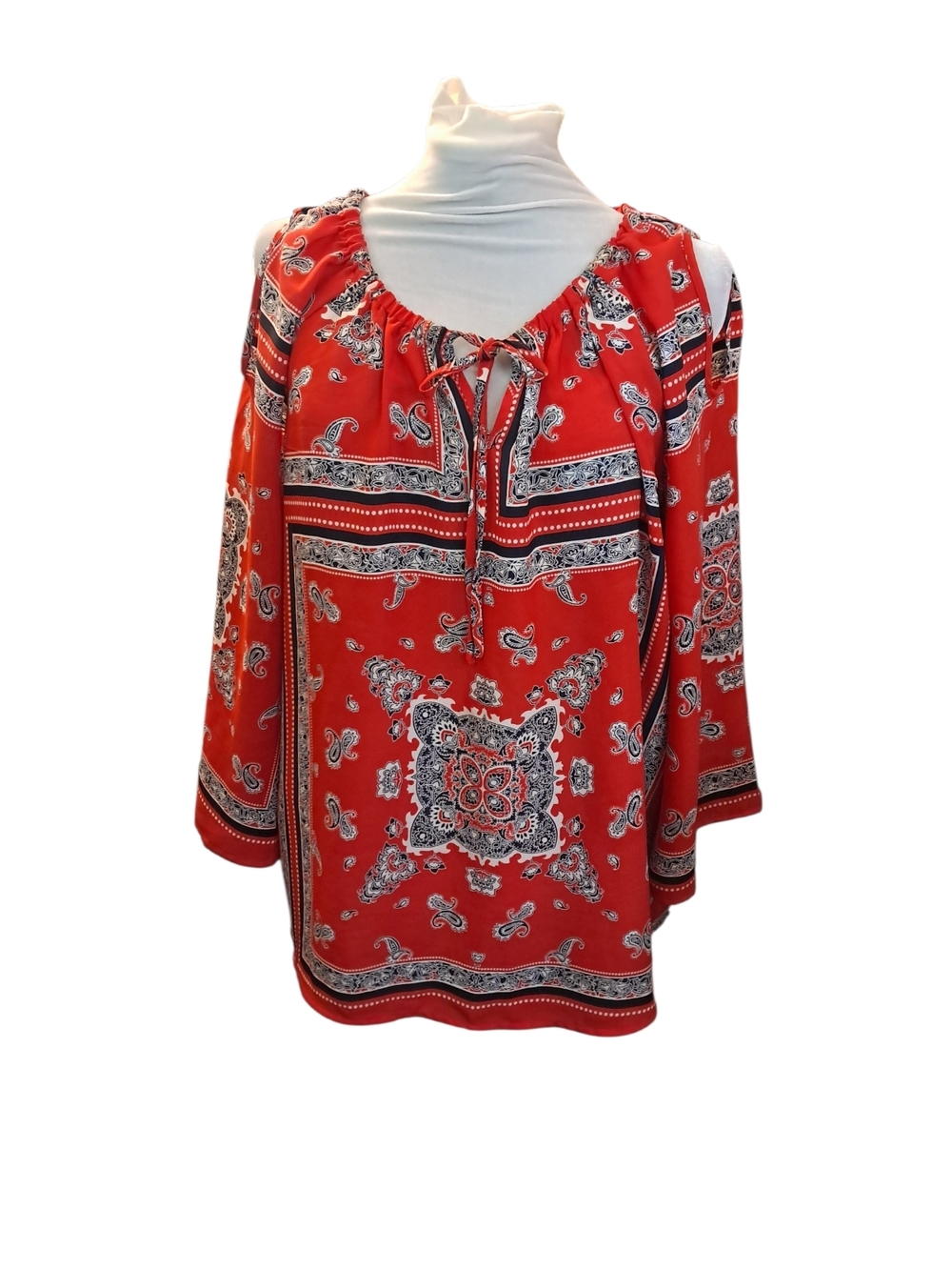 Red Paisley Cold-Shoulder Peasant Blouse with Tie Neck